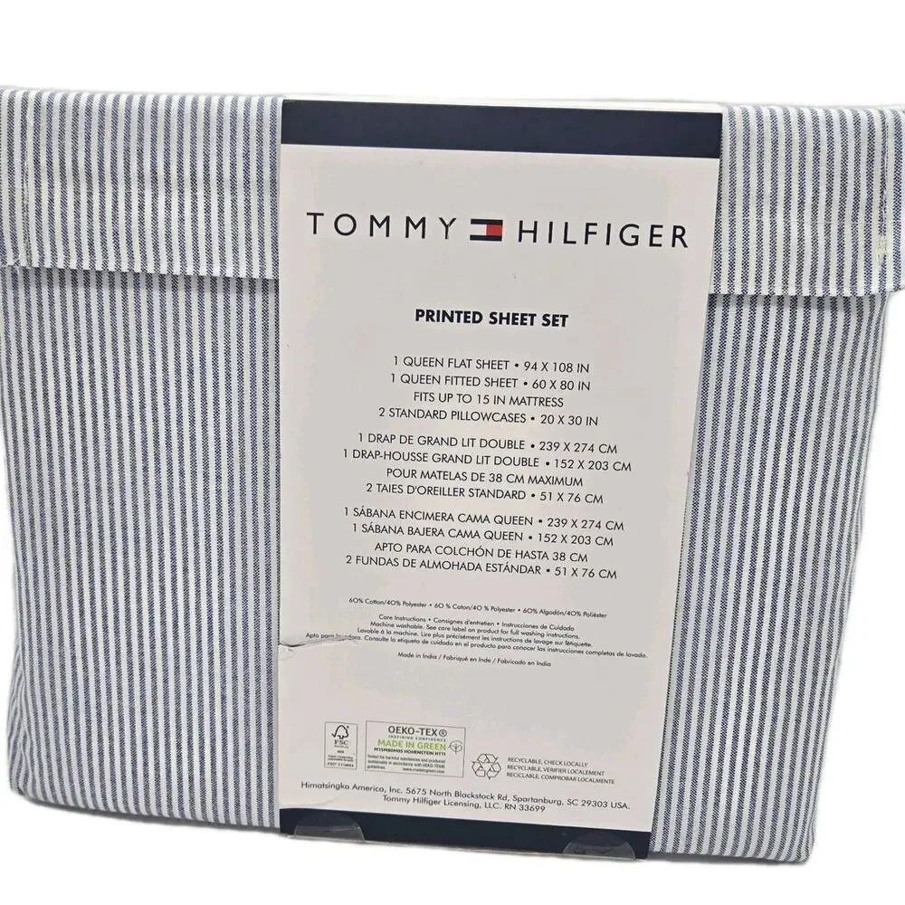 Tommy Hilfiger 4 Piece Queen Size Sheet Set Ithaca Thin Blue White Oxford NEW